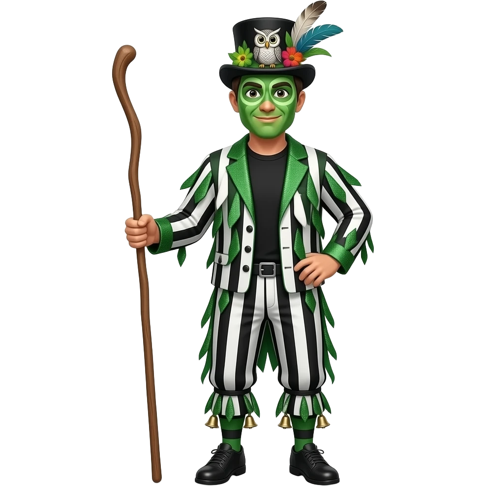 A Female Morris dancers carrying a stick with a ragged jacket in black white and green stripes with the occasional piece of sparkly fabric. A black tshirt. A top hat decorated with lots of feathers flowers and an owl. green face paint that looks like an owl. Bells below the knees emoji