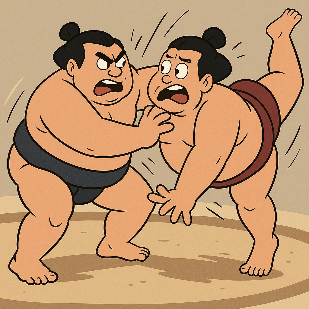 two sumo wrestlers fighting, dynamic action, expressive faces, energetic scene, cartoon style emoji