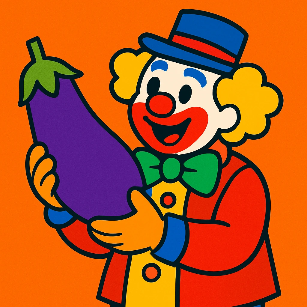 clown holding an eggplant, vibrant and playful emoji