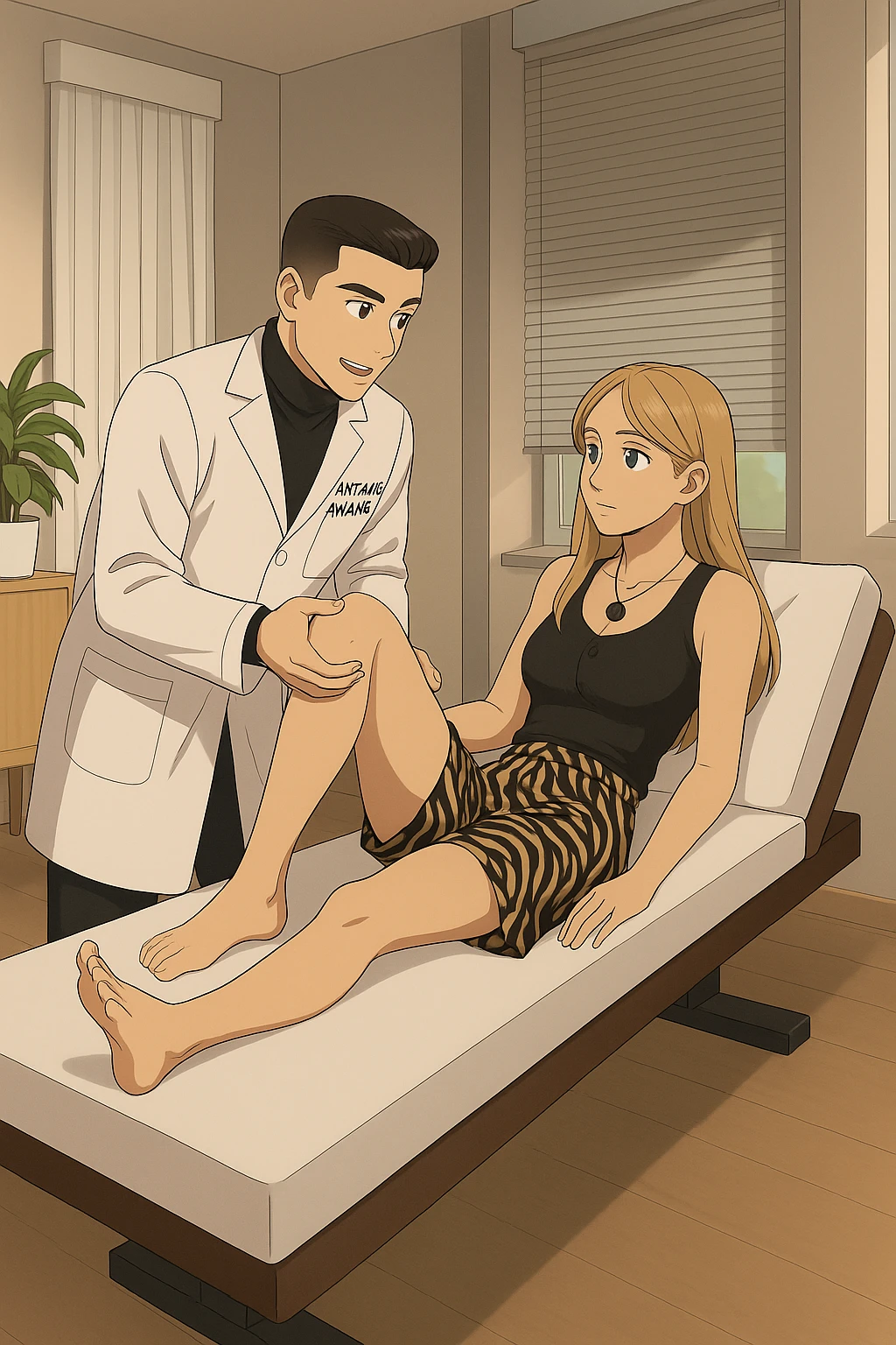 fai un webtoon/manga a colori con questo kinesiologo in camice bianco (fagli la scritta "ANTONIO ANANIA" SUL CAMICE) CHE SVOLGE UN TEST NEUROMUSCOLARE SOLLEVANDO UNA GAMBA ALLA RAGAZZA CHE è STESA SU UN LETTINO BIANCO. STANZA SEMPLICE E MODERNA, DURANTE IL TEST I DUE DIALOGANO TRA LORO. NON FARE I FUMETTI, FAI SOLO LORO COME SE DIALOGASSERO emoji