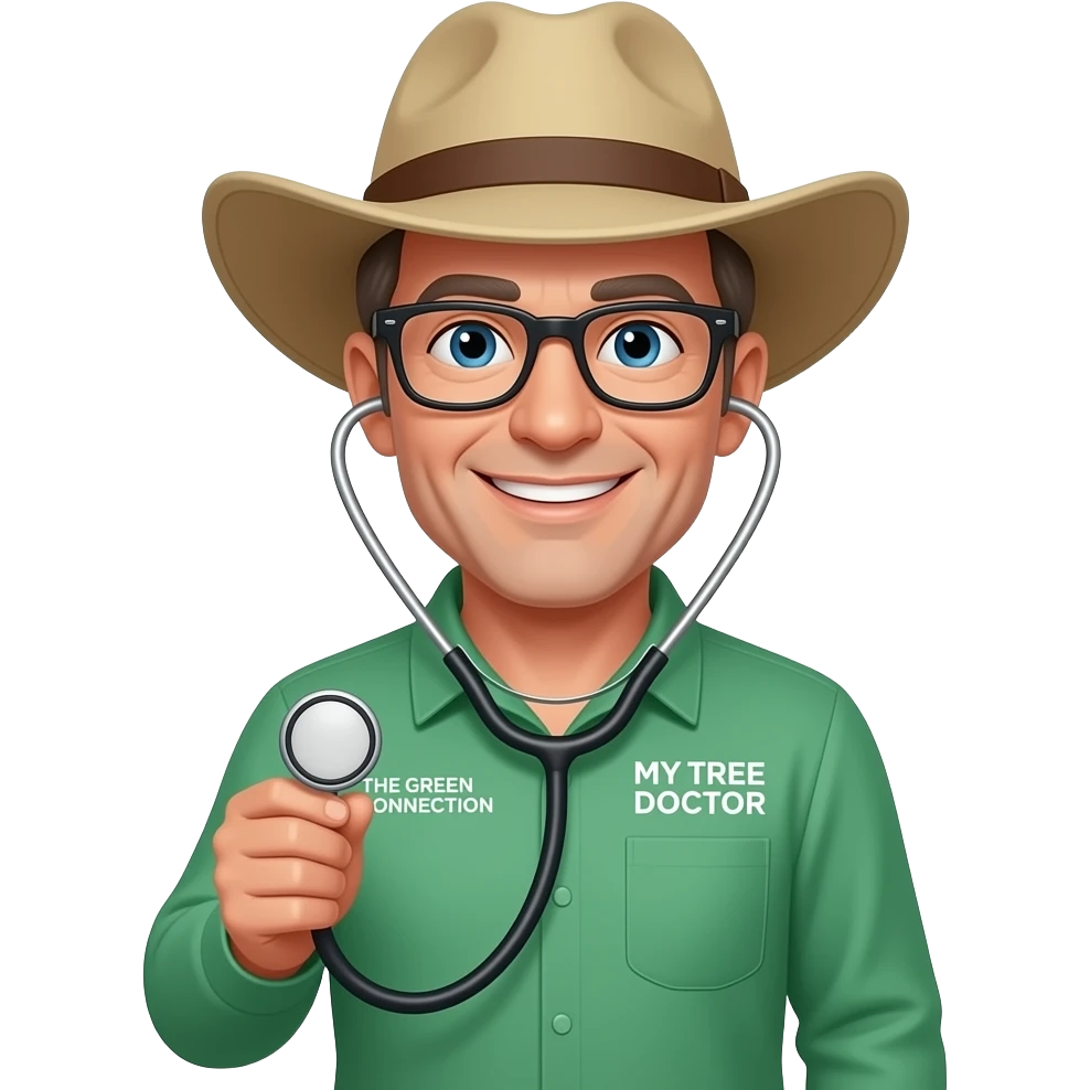 smiling middle-aged man blue eyes. Dark rectangle glasses, in green-collared, long-sleeve shirt.  Flatter wider-brim Australian Akubru hat. Holding a stethoscope. Insert 'THE GREEN CONNECTION' in white directly onto the left pocket & onto the right pocket, place only the words 'MY TREE DOCTOR' emoji