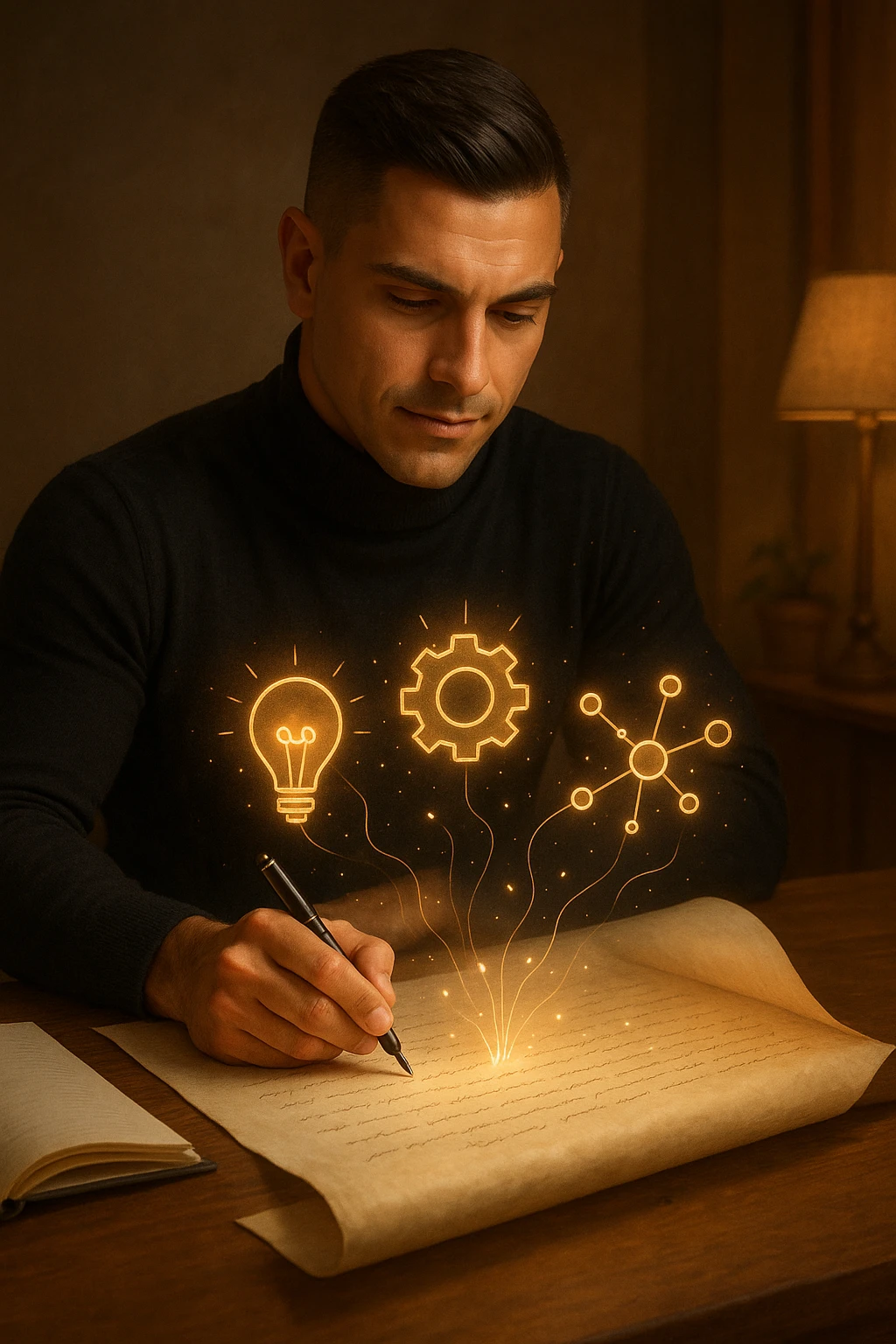 Un uomo concentrato, seduto alla sua scrivania in una stanza con luce calda, sta scrivendo su un enorme foglio di carta che si espande magicamente davanti a lui. Mentre scrive, le parole si trasformano in elementi visivi tridimensionali che rappresentano le soluzioni ai suoi problemi emoji