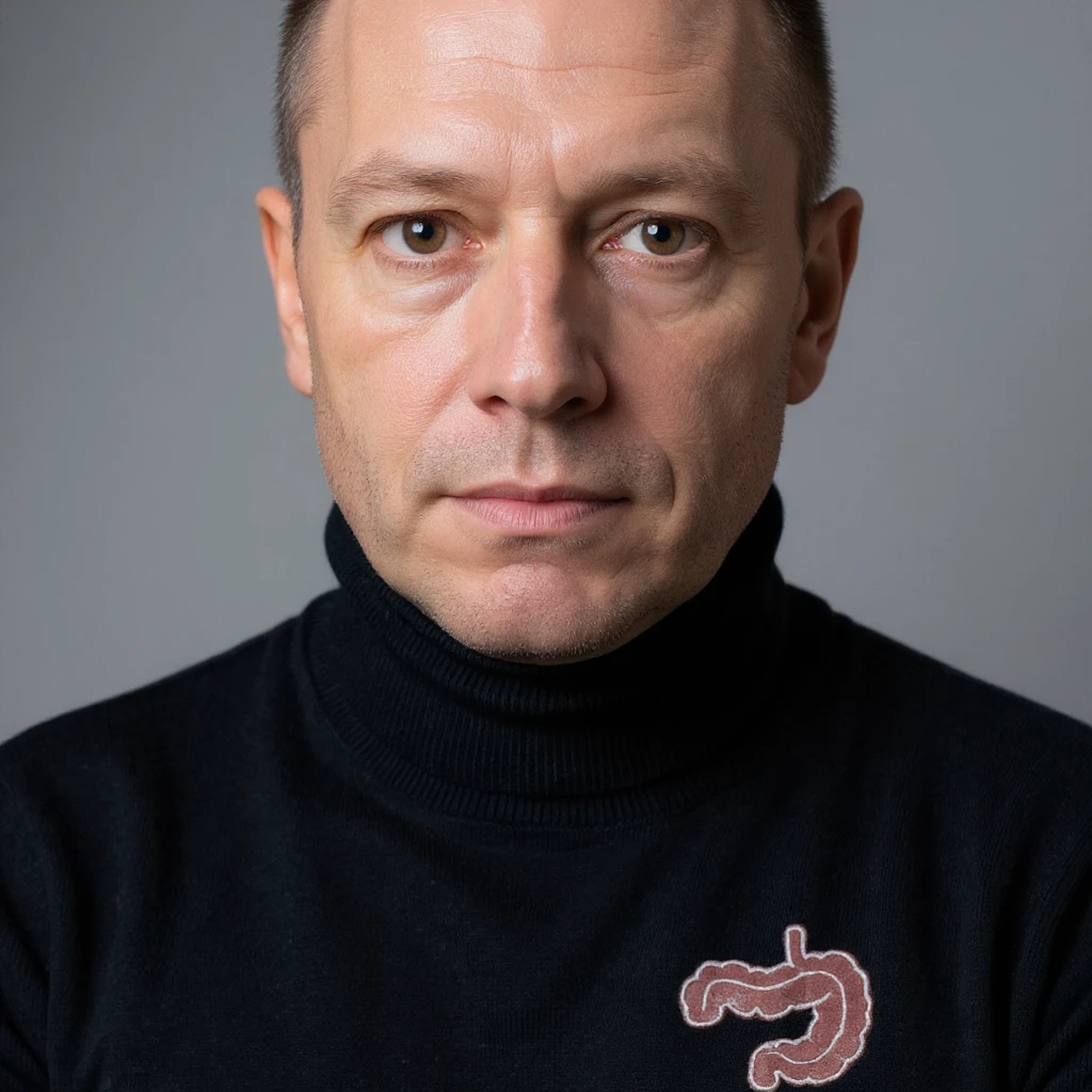 Vertical portrait, only the man's face, realistic style: determined gaze, symbols of light stomach or stylized intestine next to the face, atmosphere of lightness and well-being during fasting. emoji