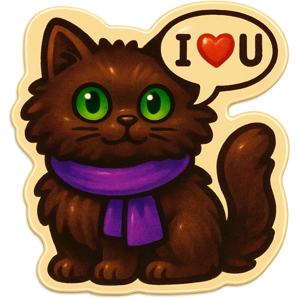 Fluffy dark-brown cat with green eyes and a purple scarf saying ‘I ♡ U’ (with a speech bubble) emoji