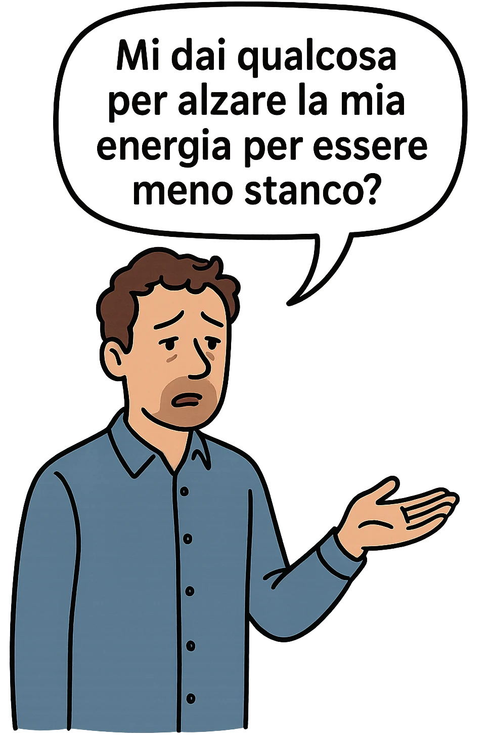 uomo che dice in una nuvoletta "mi dai qualcosa per alzare la mia energia per essere meno stanco?" emoji