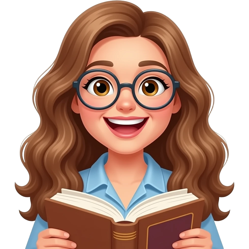 detailed emoji illustration of a curvy woman with long light brown wavy hair, light brown eyes and round glasses laughing hard while holding a book, amused by a funny moment, playful april fools atmosphere, cute emoji style emoji