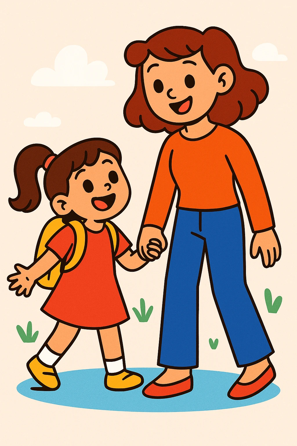 daughter holding hands with mother, colorful cartoon style, light background emoji