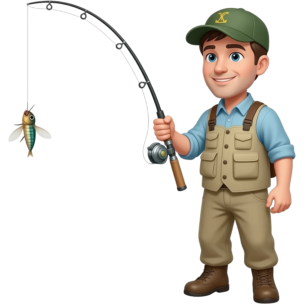 a guy holding a fishing rod with an alive fly on the end flying around emoji