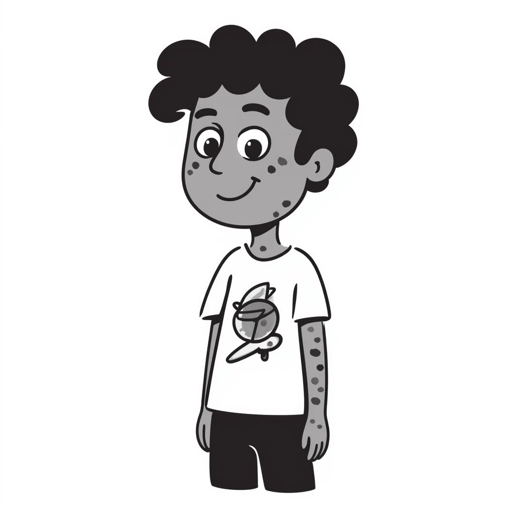 hand-drawn character with uneven skin tone representing hyperpigmentation, playful emoji