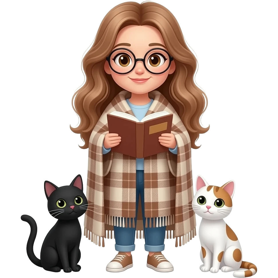 detailed emoji illustration of a curvy woman with long light brown wavy hair, light brown eyes and round glasses wrapped in a plaid blanket reading a book, with two cats beside her (one black cat and one white cat with brown spots), cozy atmosphere, cute emoji style emoji