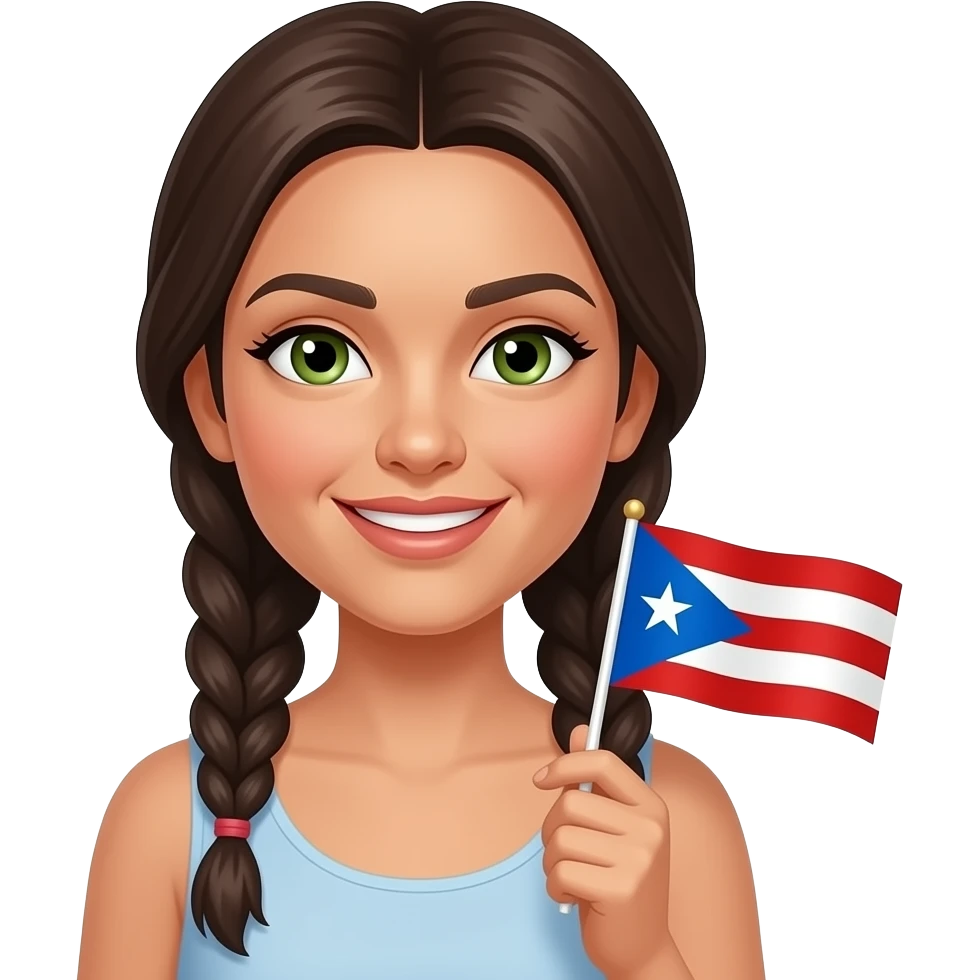 Light pale skin Latina with chocolate long braids hazel green eyes Boricua girl con bandera emoji