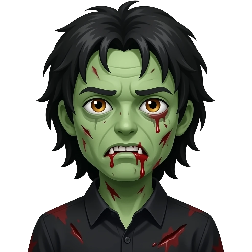 Zombie green skin dead, Black long Hair hanging over one eye, white teeth with blood leaking out, minor scar under eye, drowsy eyes, hazel color eyes, black collared shirt, gorey crazy, low eyes, dirty skin, one eyes gone the other eye drowsy emoji