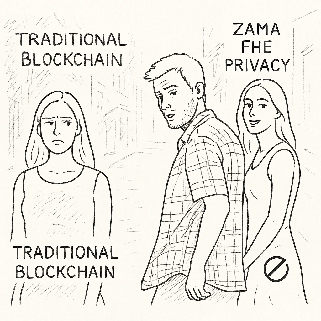 'Distracted Boyfriend' meme where the boyfriend is looking back at 'Traditional Blockchain' while his girlfriend looks on disapprovingly. He is distracted by 'Zama FHE Privacy' walking by, represented as a futuristic, attractive figure with the Zama logo on it. The background is a city street. emoji