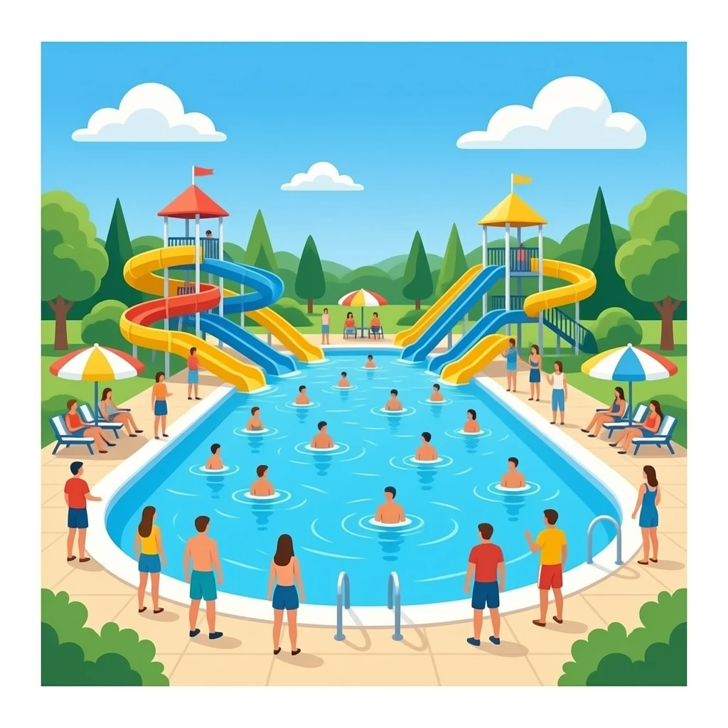 Massive water park pool with people emoji