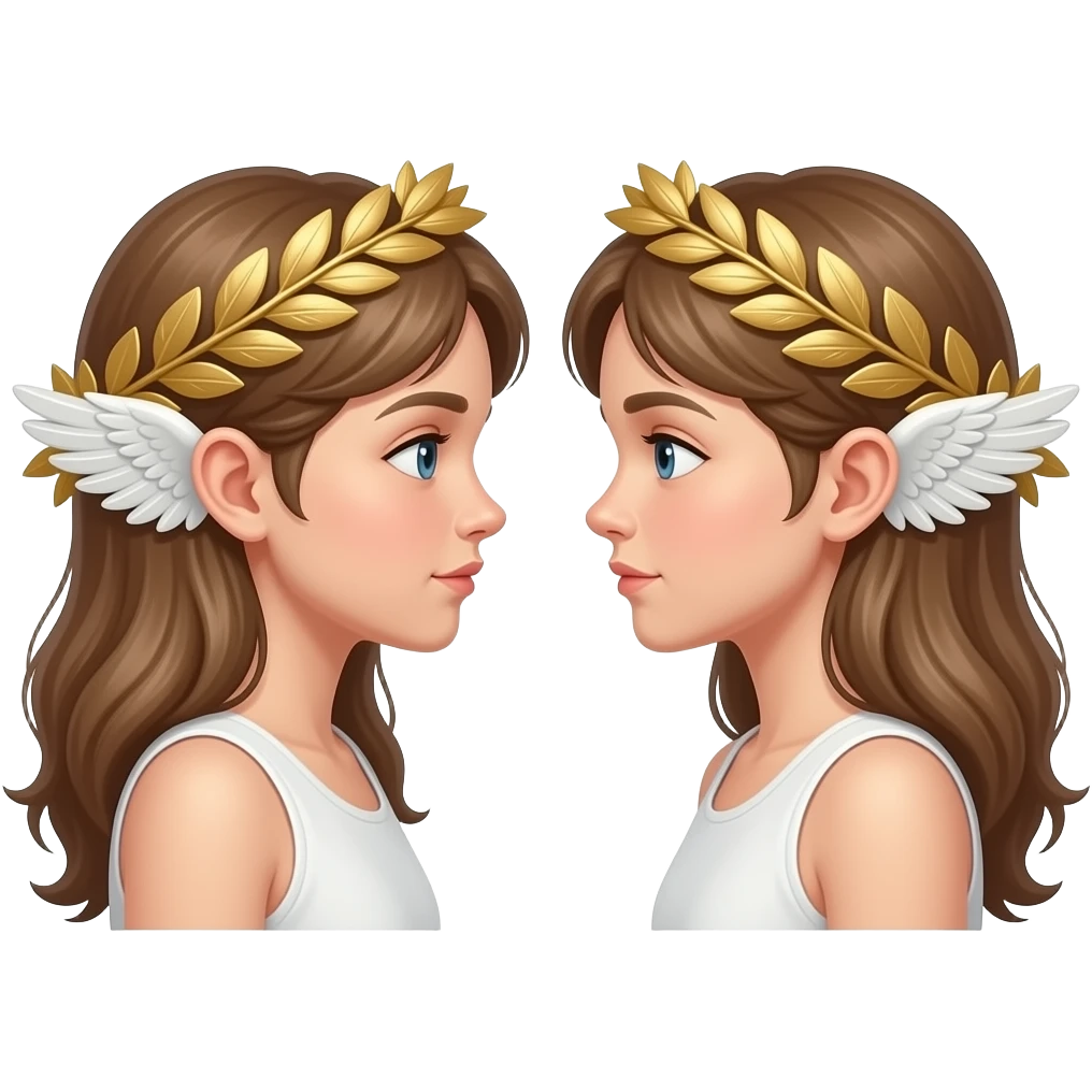 twins, two faces in profile in a parallel composition, they have small wings instead of ears and a laurel wreath around their heads emoji