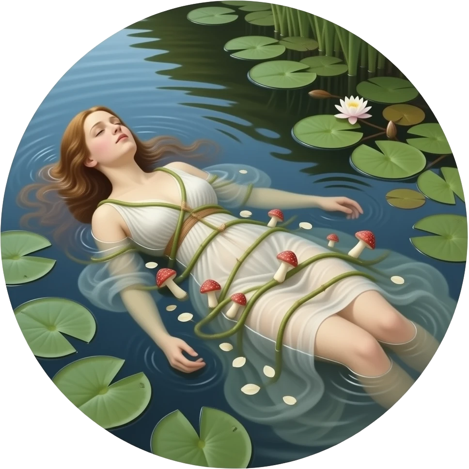 Ophelia lies in the water wrapped in toadstool and water lily - a scene from the original painting by John Everett Miles emoji