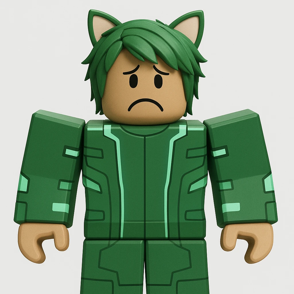 Edit the character in the reference image to have a sad expression, keeping the original Roblox style, outfit, and face color exactly as in the reference image. emoji