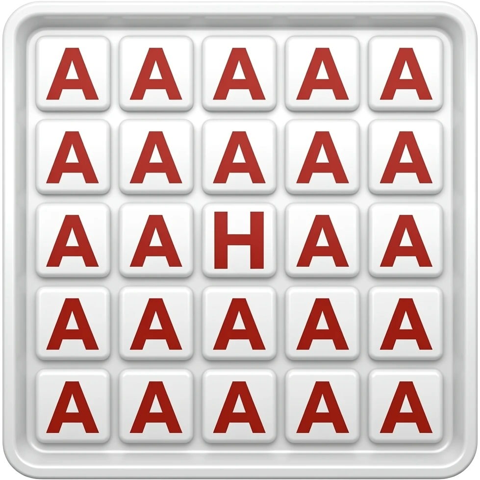 "Grid full of letter A repeated many times, one letter H hidden among them, colorful cartoon style, white tray background, kids puzzle game, vibrant colors" emoji