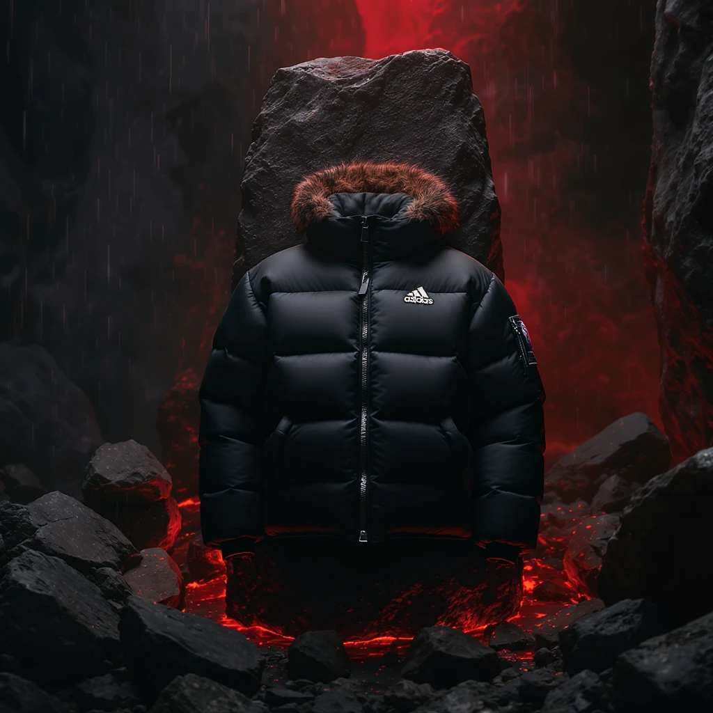 cinematic still of a front black puffer jacket around black stone with red coal temeperature environment, back red light emoji
