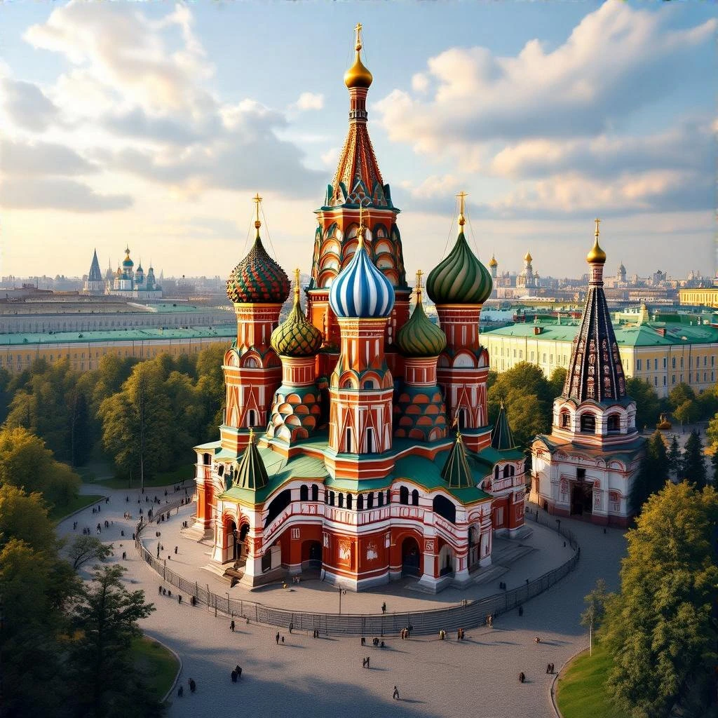 Изометрическая фотореалистичная иллюстрация-модель Собора Василия Блаженного, вид чуть сверху, баланс между стилизацией и реализмом, эффект миниатюры, слегка рисованный, прозрачный фон emoji