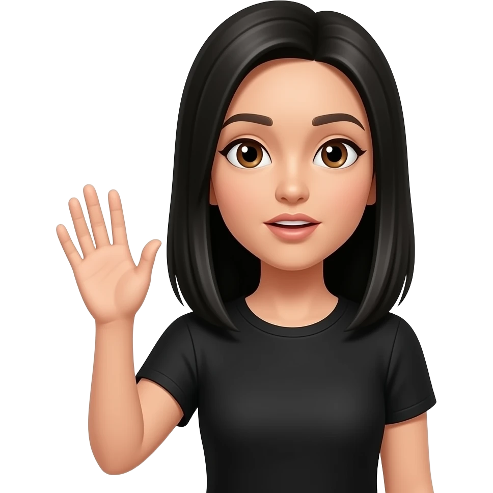 MUJER CON PELO NEGRO LACIO LEVANTANDO LA MANO DERECHA COMO PIDIENDO TURNO CON REMERA NEGRA MANGA CORTA CON OJOS MARRONES emoji