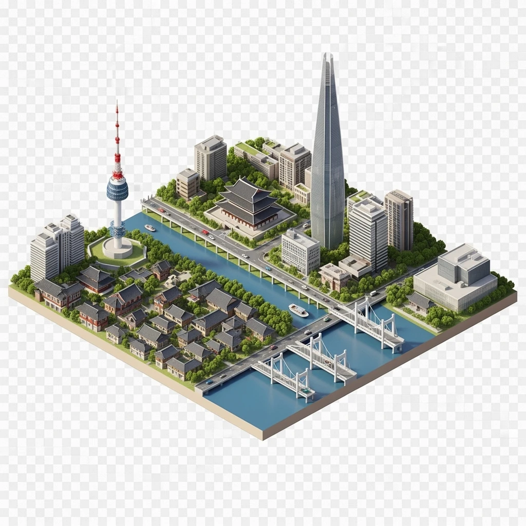 Isometric diorama of Seoul typical houses, Namsan Seoul Tower, Gyeongbokgung Palace, Lotte World Tower, Dongdaemun Design Plaza, and Han River bridges, 3D miniature effect and Tilt Shift effect, no cartoonish look, transparent background. emoji