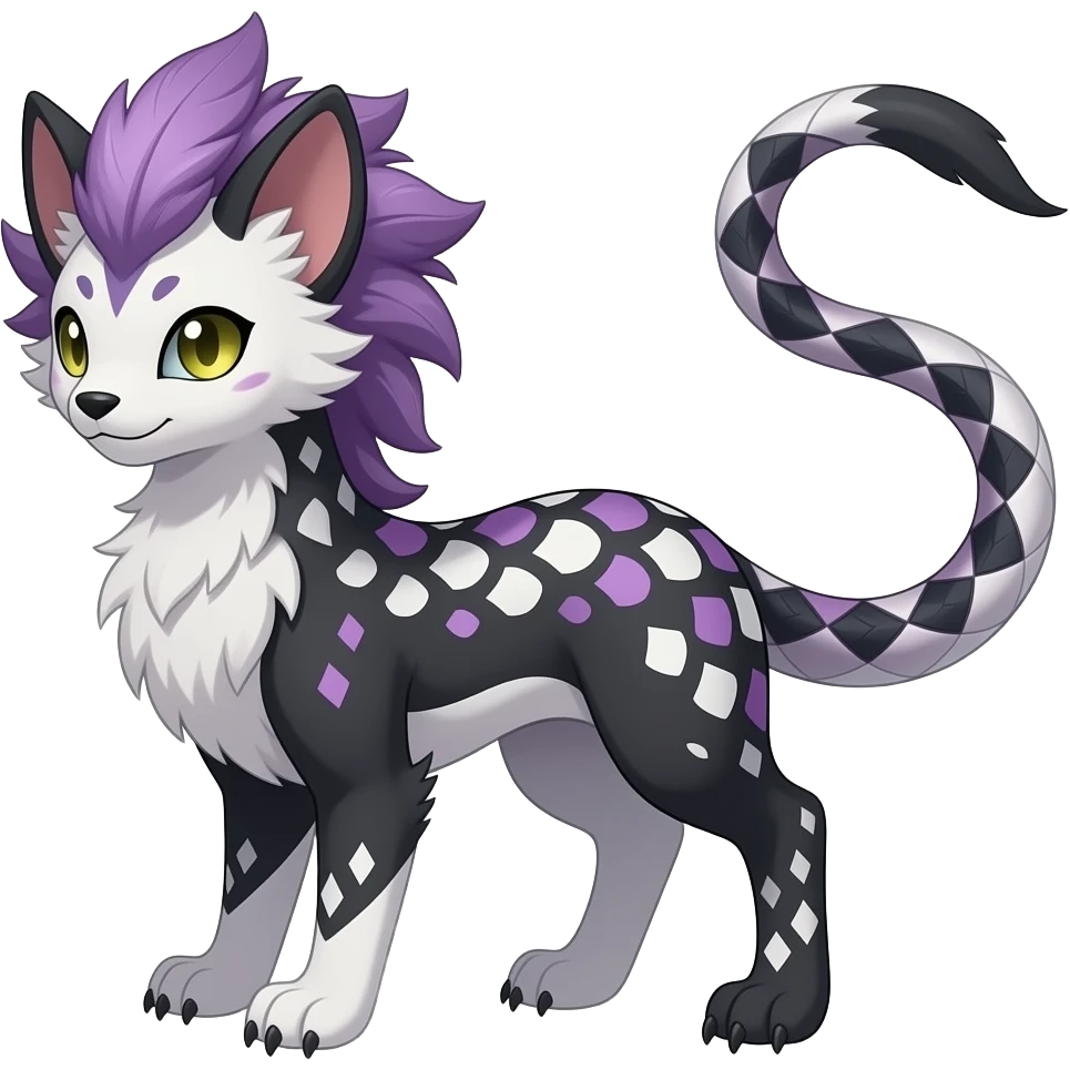Furry, feather-maned fluffy tropical flecked painted feathery scaly, Purple, white, black, Minccino-Bambino-Lykoi-Linoone-Zangoose-fusion-hybrid-animal-Fakémon-creature, full body, thin long sleek scaly tail, intricate markings emoji