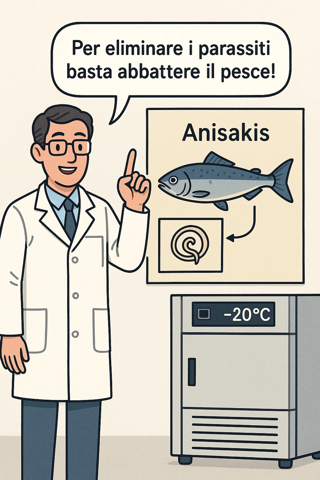  a scientist in a white lab coat stands beside a large poster showing a fish and a diagram of the Anisakis parasite. The scientist points to a speech bubble that says, “Per eliminare i parassiti basta abbattere il pesce!” In the background, a blast freezer is visible, with a temperature gauge set to -20°C. The mood is informative and reassuring. In italiano emoji