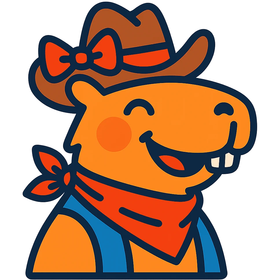 Add a red bow to the capybara wearing a cowboy hat, in a colorful cartoon style, with the same background as the original. emoji