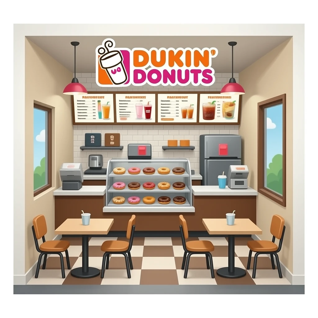 dunkin donuts interior with many donuts on the shelves and a menu with the featured drinks and tables and chairs emoji
