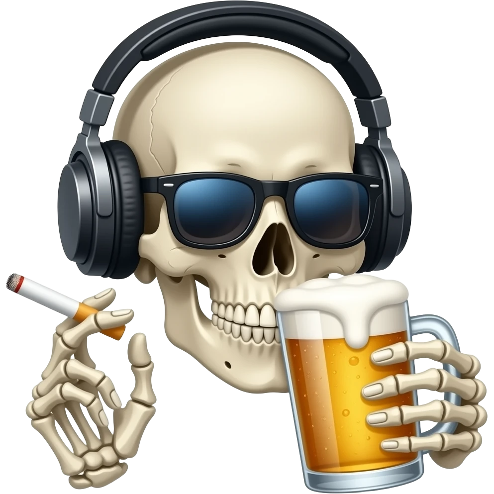 Skull with headphones and sunglasses smoking a cigarette and drinking a beer emoji