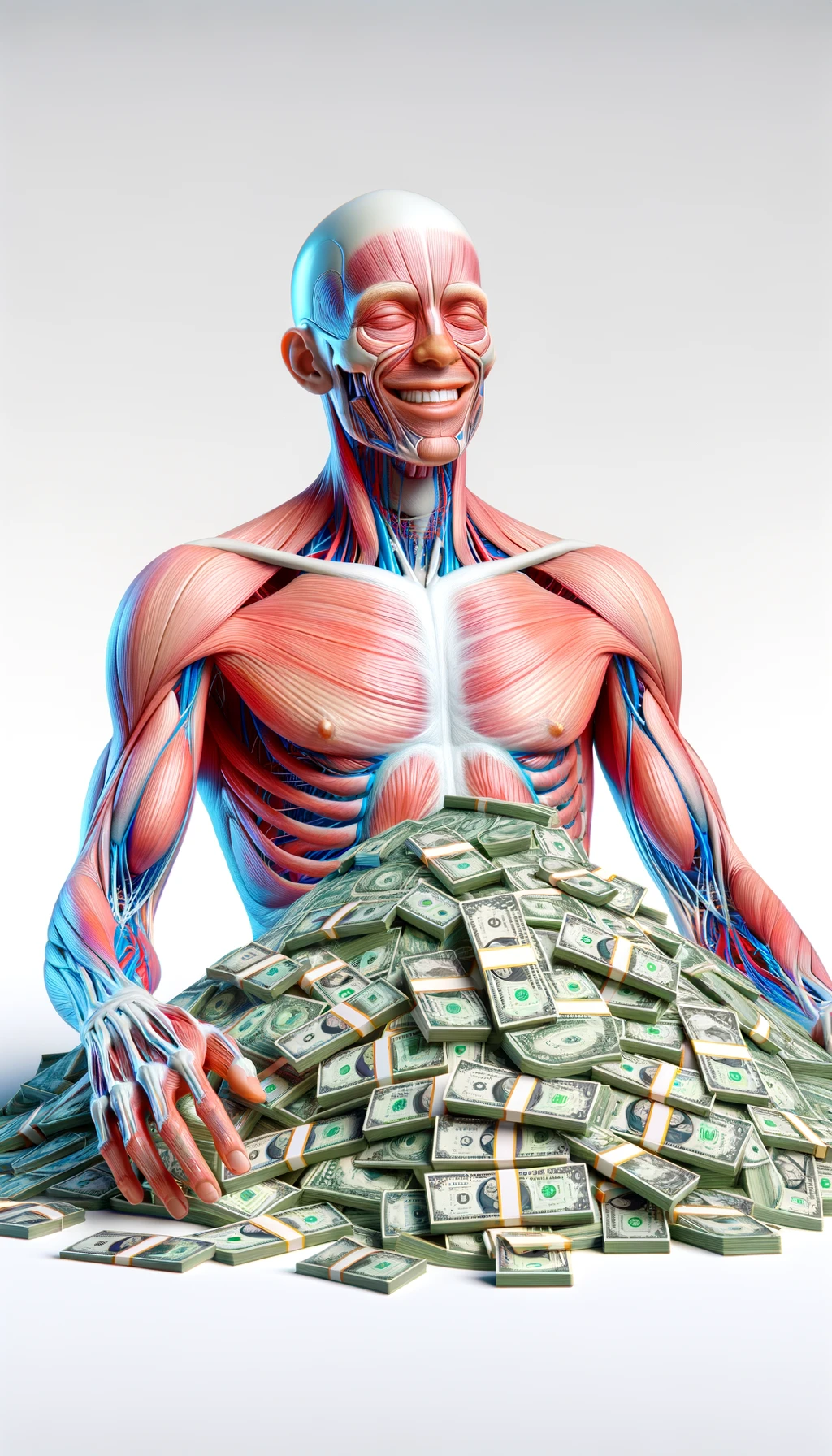corpo umano anatomico sereno e felice con una montagna di soldi davanti, espressione stupita, iperrealistica 4k, isolato su sfondo bianco emoji
