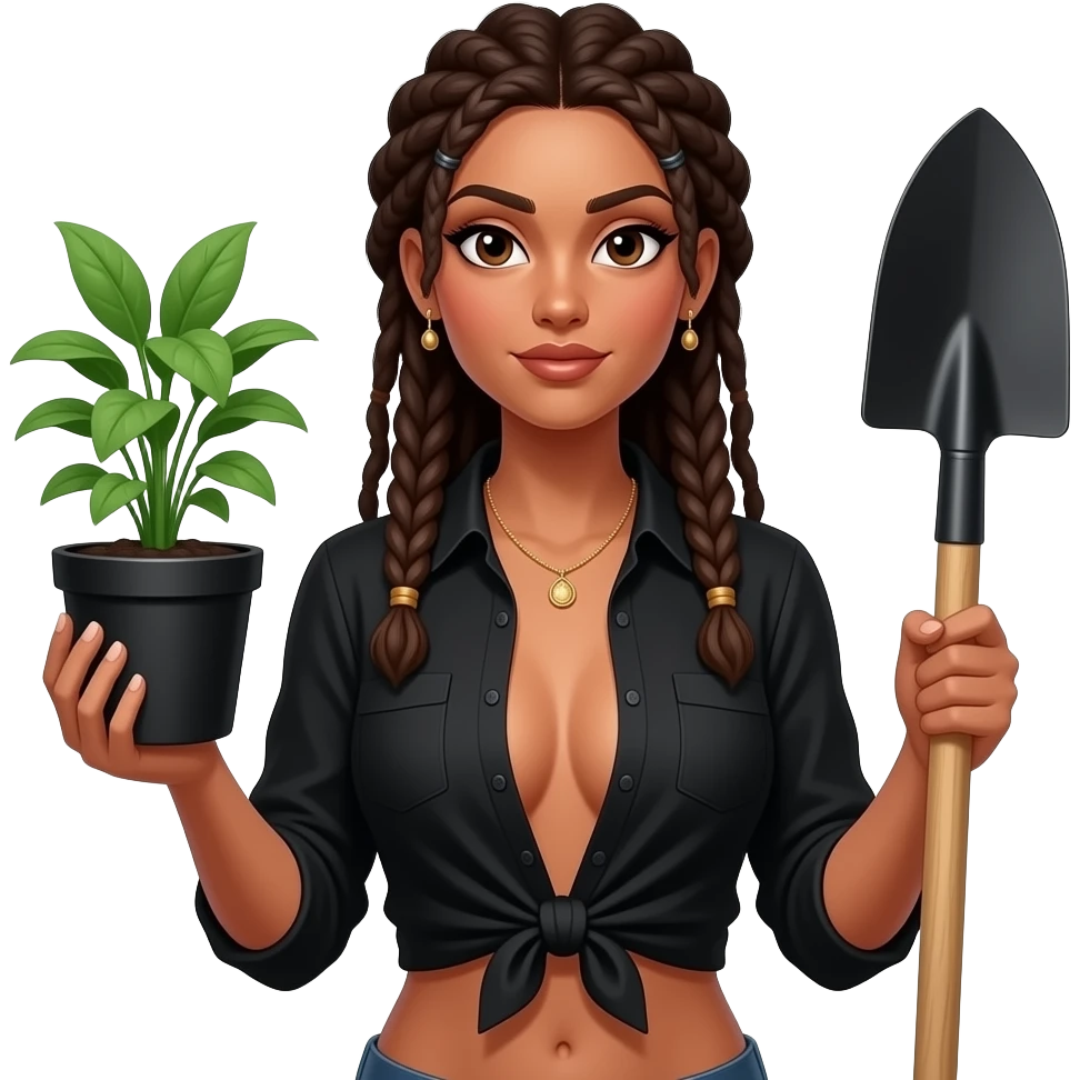 Sexy indian Gothic  female gardener wearing black shirt, chest howing, with dreadlocks holding a green plant in a black pot in one hand and black shovel in other hand Open shirt. emoji