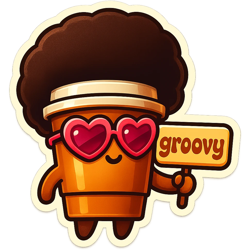 Tall coffee cup, no mouth, afro, heart glasses, holding sign "groovy" emoji