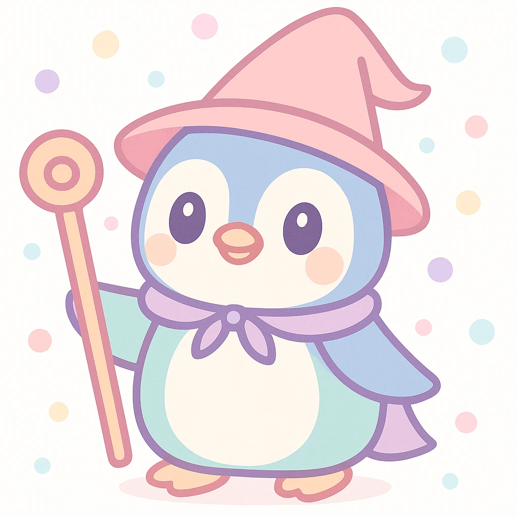 cute cartoon style penguin dressed as a wizard, with a pointy hat and a magic staff emoji