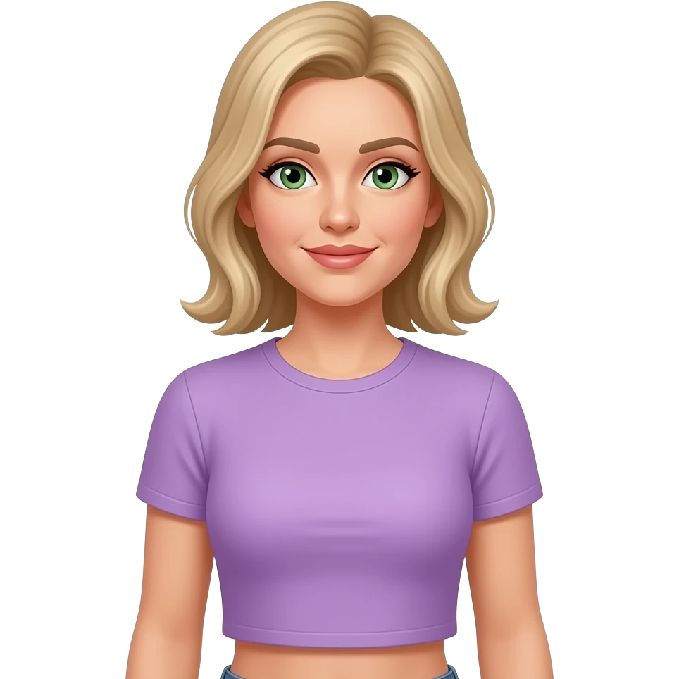 A woman in early 30s, blonde collarbone-length hair, green eyes, wearing a lilac t-shirt, image up to waist emoji
