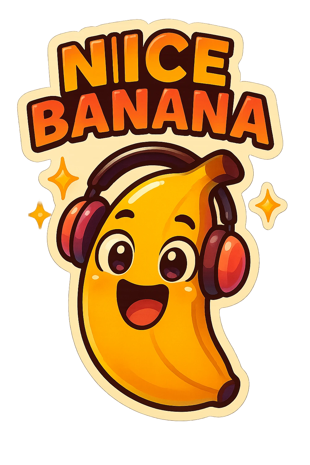 Funny cartoon banana, big happy smiling face, wearing tiny headphones, wide excited eyes, tiny sparkles around, text above: "NE BANANA", chibi style, Twitch emoji style, colorful, transparent background emoji