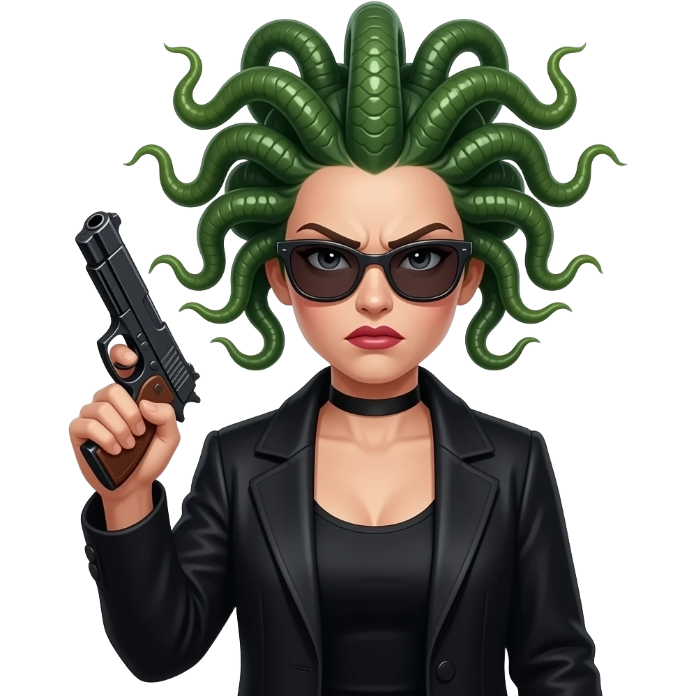 Angry beautiful female Medusa in black coat with sunglasses holding gun emoji