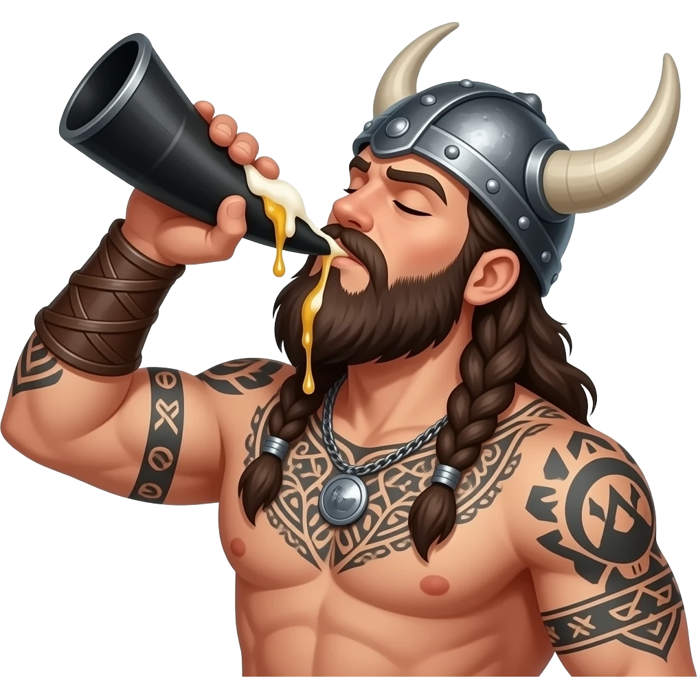 Dark haired sexy bearded viking  with viking helmet, eune tattoos and muscular no shirt, drinking beer out of a very large Black horn,his head tilted up and eyes closed. Beer dripping down his beard. Fantasy. Realistic emoji