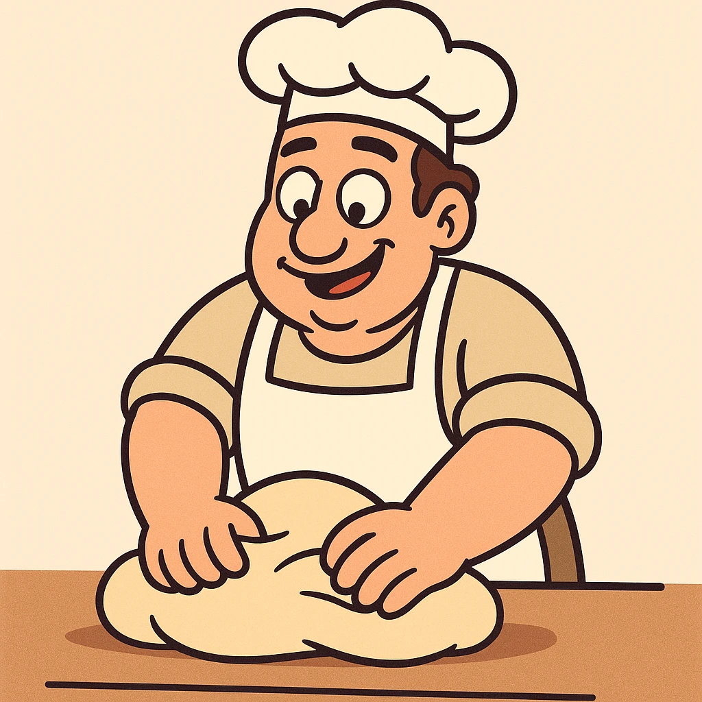 baker kneading dough, wearing baker's hat and apron, bright and friendly style emoji