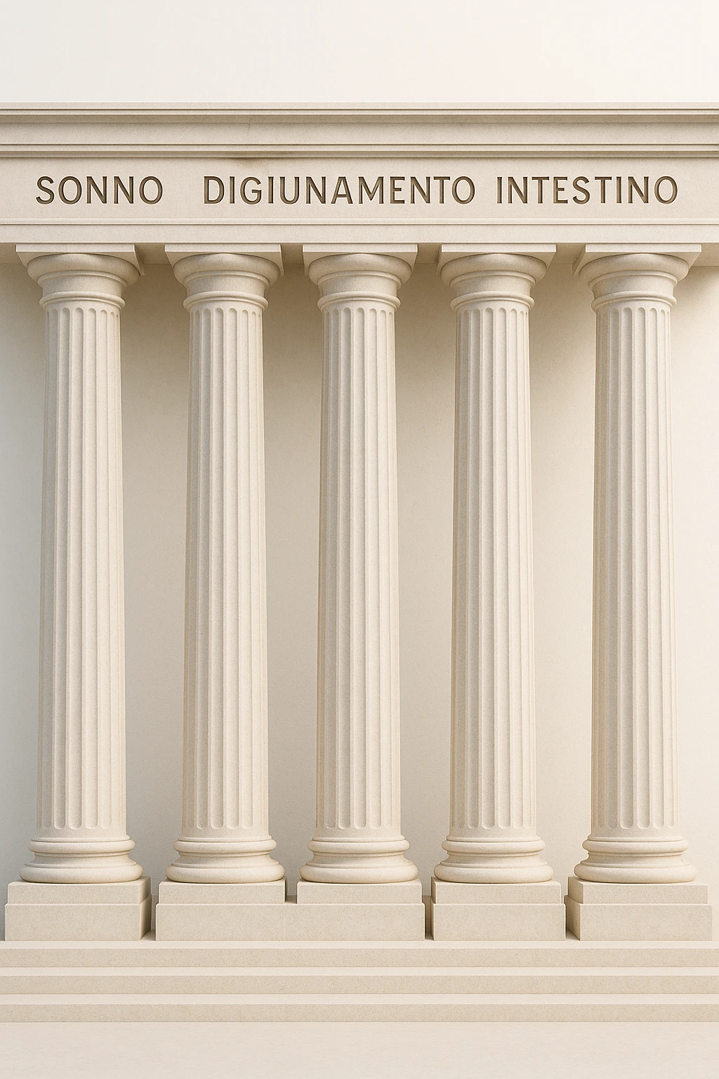 5 pilastri con le scritte "SONNO", "DIGIUNO", "ALLENAMENTO", "INTESTINO", "POSITIVITà" IMMAGINE IPERREALISTICA SFONDO CHIARO IN ITALIANO emoji