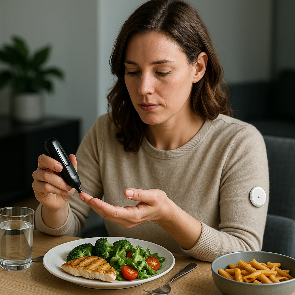 a hyper realistic scene of a woman checking her blood glucose level at every meal, sitting at a modern table with food, realistic details, focus on the gesture of glucose monitoring, modern atmosphere emoji