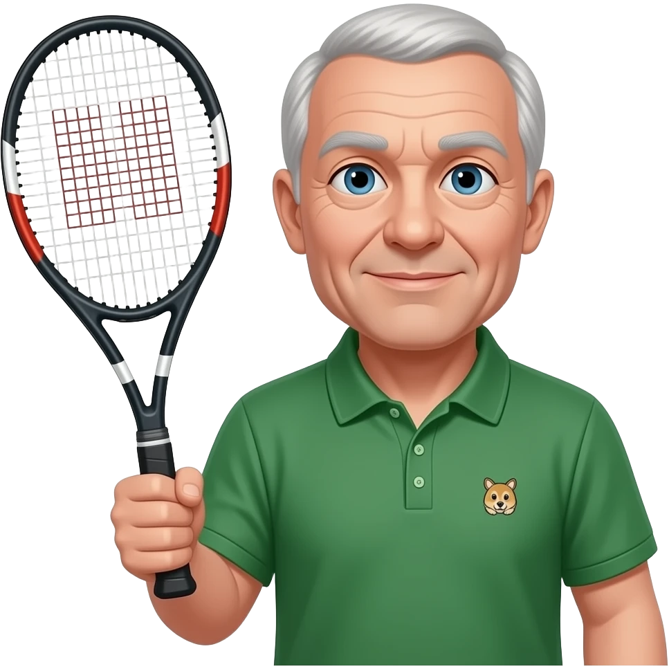 older man, no dimples in face, tennis racket in right hand, green bottle polo with small animal logo, blue eyes, little hair all over, dimples emoji