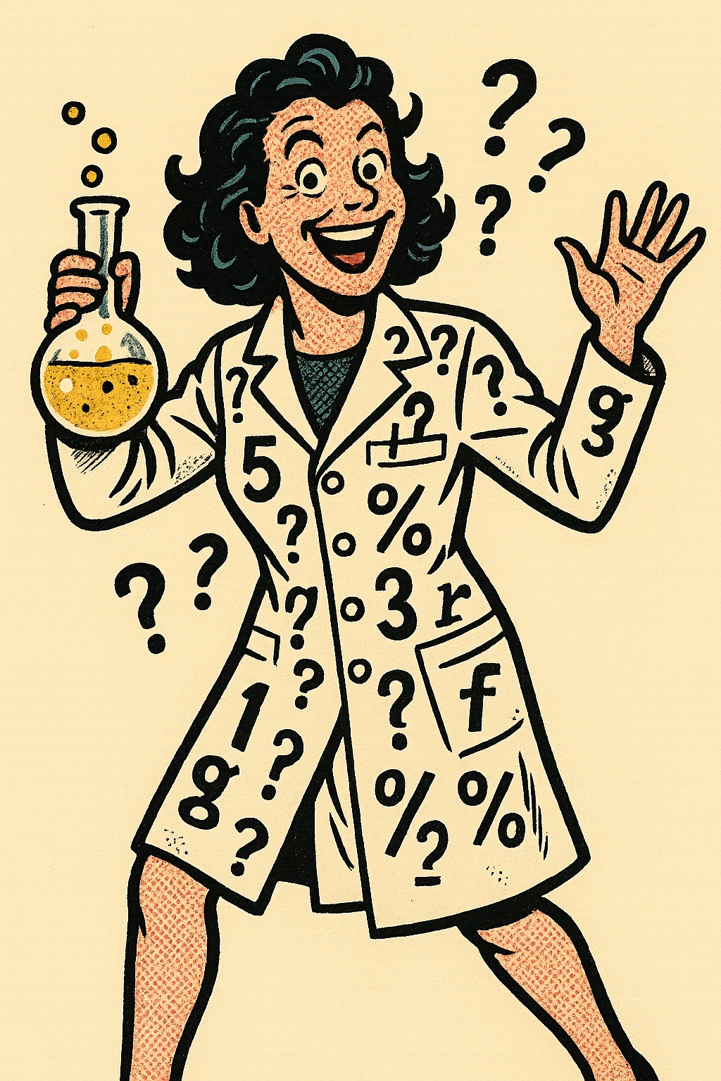 The full body of A happy crazy female scientist with numbers, question marks and letters printed all over their white coat emoji