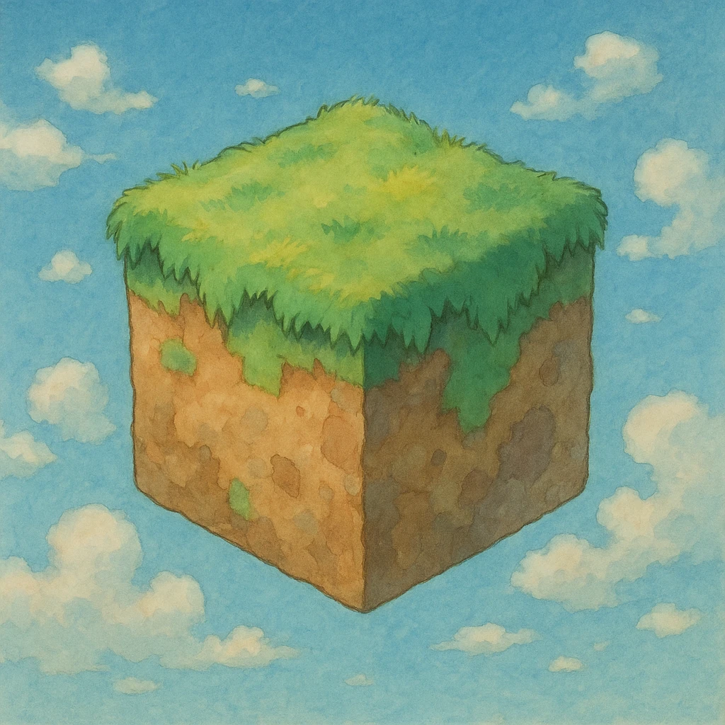 minecraft world icon, whimsical cube-shaped planet with grassy top and earthy sides, soft colors emoji