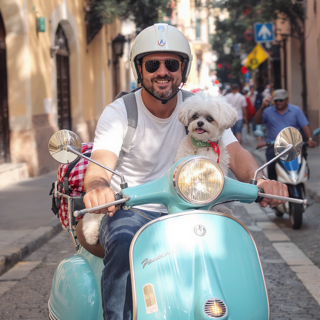 man and his pet dog riding a vespa emoji