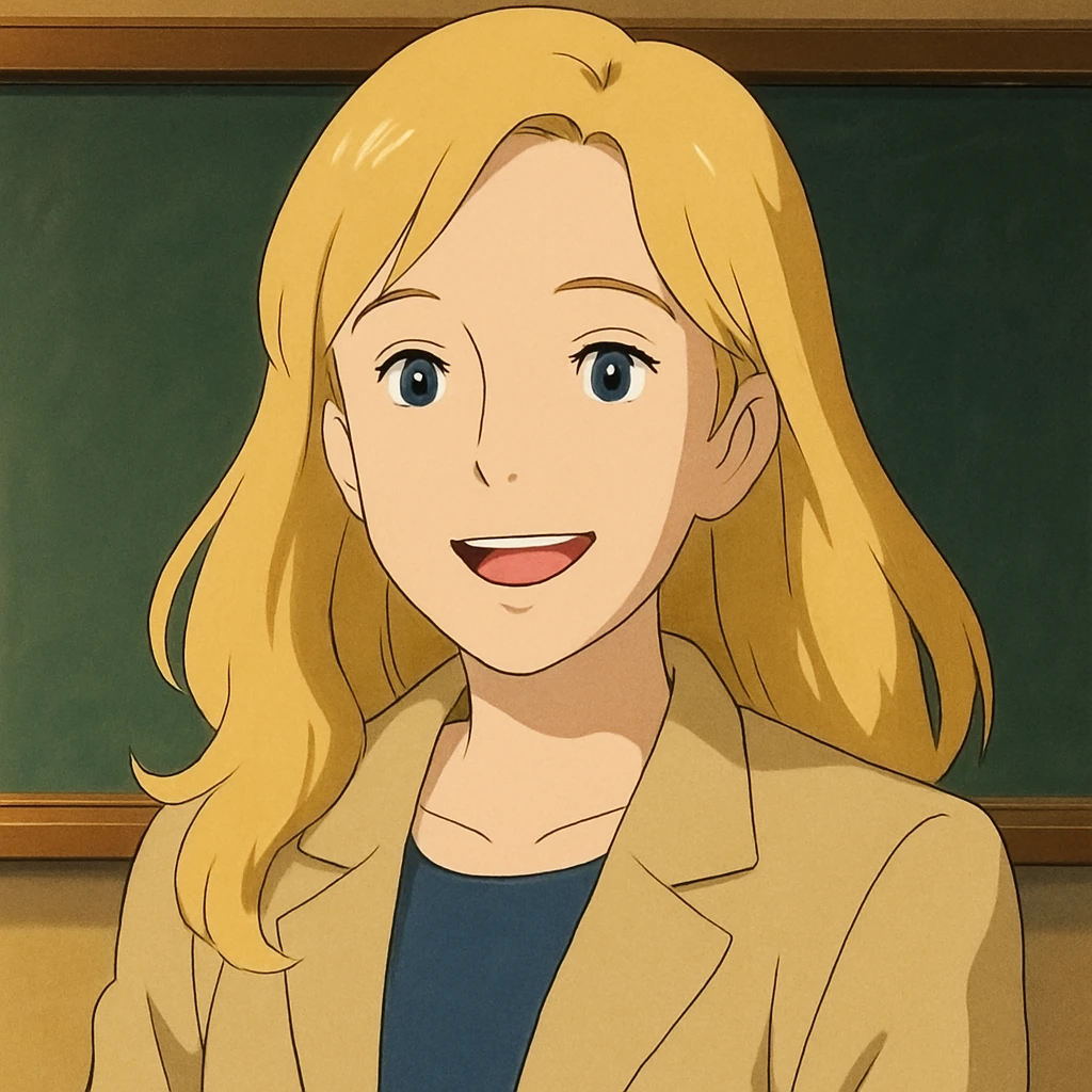 profesora rubia de pelo largo, piel clara, estilo ghibli, sonriendo emoji