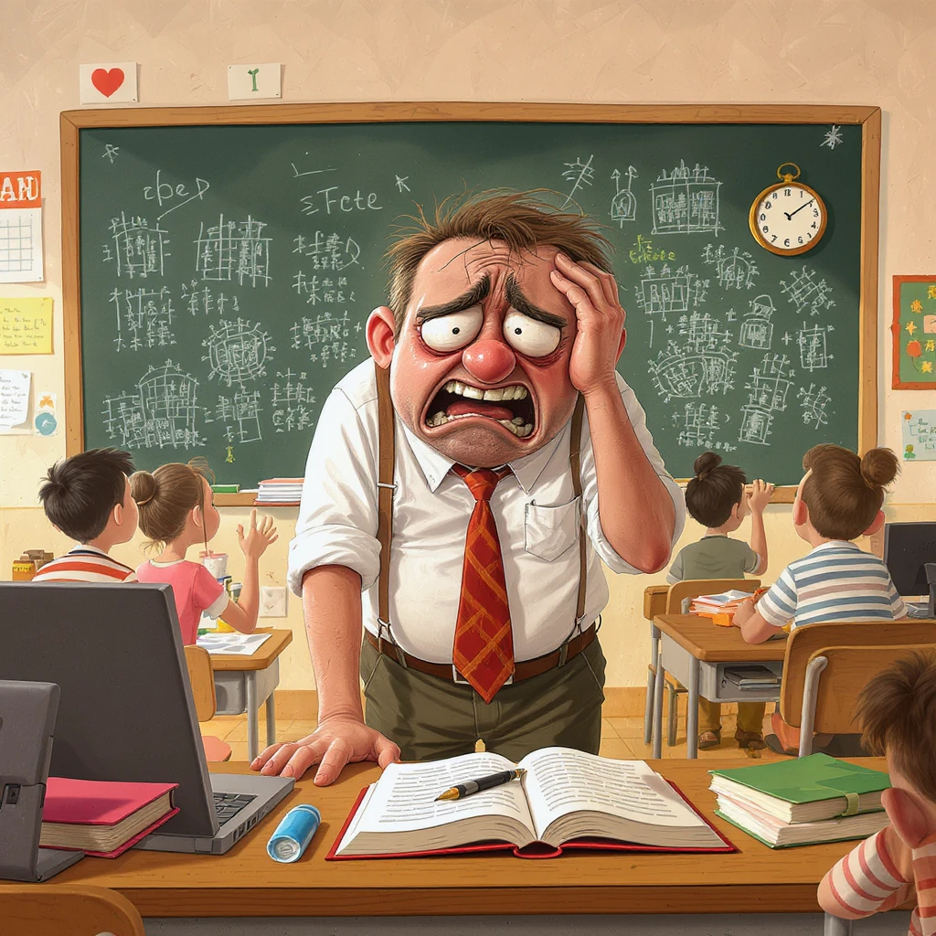 cartoon art of a exhausted teacher in a bustling classroom emoji