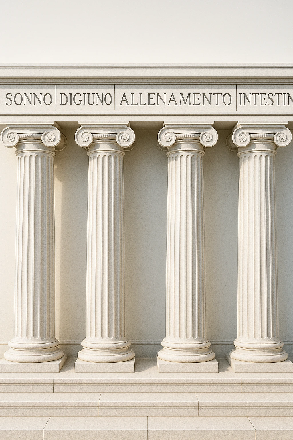 5 pilastri con le scritte "SONNO", "DIGIUNO", "ALLENAMENTO", "INTESTINO", IMMAGINE IPERREALISTICA SFONDO CHIARO IN ITALIANO emoji