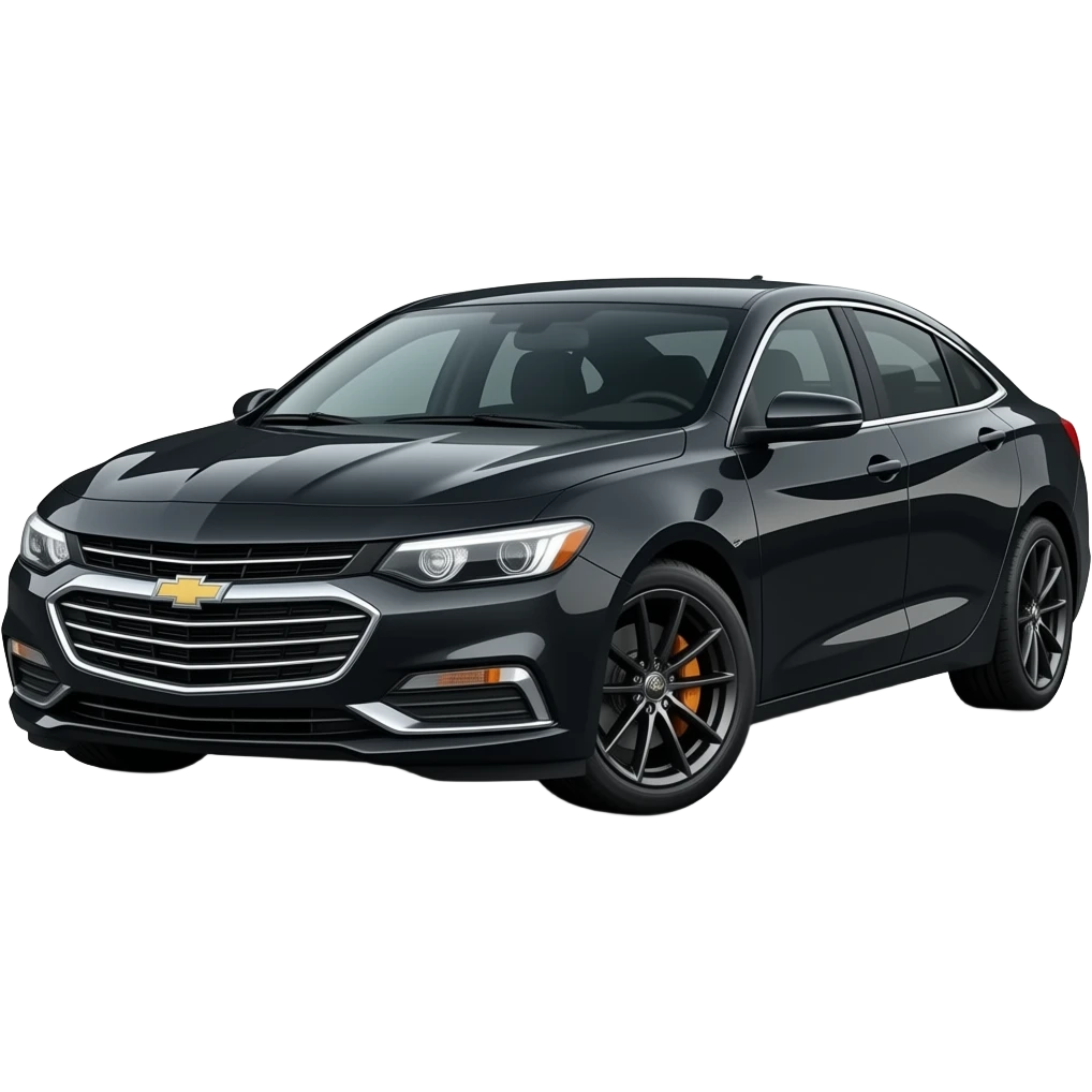 A realistic, high-detail photograph of a glossy black Chevrolet Malibu 2 Turbo Premier sedan with tinted windows and black alloy rims, bright LED headlights emitting a dinamic brighting glowing effect emoji